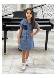 yns coolstar New Season Girl's Pocket Front Button Short Sleeve Cotton Denim Jeans Dress