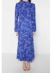  Modest Blue Floral Skirt - Woven Chiffon Dress with Ruffled Lining Tctss23Eb00160