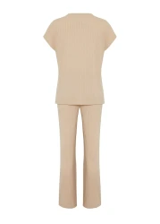  Collection Beige Corded Collar Detailed Knitted Pajamas Set THMSS24PT00234