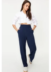  Collection Navy Blue Wide Leg / Wide Ankle Waist Elastic Woven Trousers TWOSS22PL00024