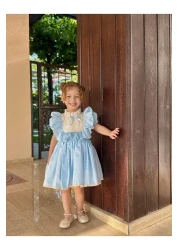 Linarookids Vintage Baby Girl Dress with Laurel Blue Bow, Birthday Dress, Photo Shoot Dress, Suitable for 0-7 Years Old