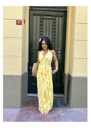 moneta boutique Women's Ruffled Long Halter Design Dress