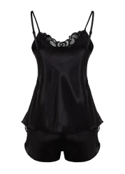  Collection Satin Woven Black Lace Shorts Pajamas Set - Thmaw21Pt0843