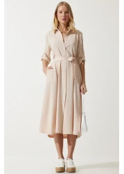 Happiness İstanbul Women's Cream Belted Shirt Dress DD01256