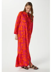 Ritnice فستان طويل بأزرار أمامية برتقالية اللون برتقالي 100٪ فيسكوز حديقة نسائية محتشمة