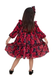 Riccotarz فستان بناتي بياقة مكشكشة وأكتاف مكشكشة ومطرز بالزهور باللون الأحمر