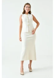 vuvutasarım High Waist Midi Length Sleeveless Stretchy Knitwear Set - Buttoned Vest, Ecru 5155