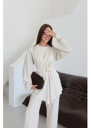 Laluvia Natural Gold Brooch Blouse Trousers Set - 8759