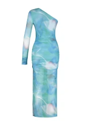  Collection Blue Patterned Draped Body Fitted Flexible Maxi Tulle Pencil Dress TWOSS23EL01799