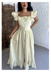 moneta boutique فستان قميص طويل بتصميم كشكش بأكمام للنساء