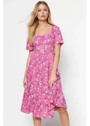  Collection فستان منسوج متوسط الطول بطبعة زهور وأكمام بالون وردي على شكل حرف A TWOSS20EL2323