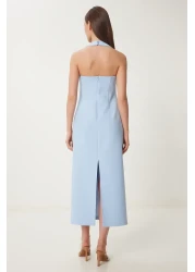 Lovelyİstanbul فستان منسوج متوسط ​​الطول بحزام سميك أزرق سماوي Lfk0005