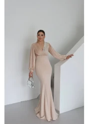 1Moda1Tarz Women's Imported Scuba Crepe Fabric Sleeves and Chest Chiffon Stone Processing Lined Special Design Dress