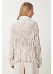 Happiness İstanbul Women's Cream Gathered Draped Woven Shirt Dp00234