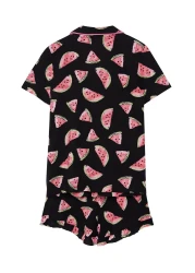  Collection Women Couple/Pair Black 100% Cotton Watermelon Patterned Frilly Shorts Knitted Pajamas Set Thmss21Pt0670