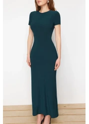  Collection Emerald Green Short Sleeve Fitted Crew Neck Flexible Knitted Maxi Pencil Dress TWOSS24EL00097