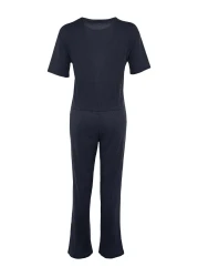  Collection Corduroy Pajama SeT - Navy Blue, Slogan PrinTed T-shirt and Trousers THMSS21PT1016