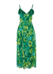  Collection فستان طويل من الشيفون المنسوج بطبعة زهور خضراء على شكل حرف A ومزين بتفاصيل مكشكشة TWOSS23EL02013