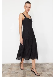  Collection Black Waist Opening Lined Midi Embroidery Woven Dress TWOSS23EL00156