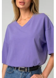 Happyfox تي شيرت نسائي كبير الحجم غير مطبوع برقبة على شكل حرف V - قطن وليكرا، أزرق أرجواني أساسي