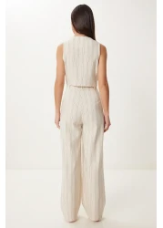 Happiness İstanbul Women's Cream Black Striped Linen Vest Pants Suit Bv00129