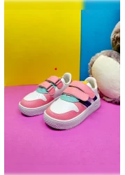 Nstil Unisex Children's Sports Shoes - White, Pink, Velcro, Double Stripe, Comfortable and Lightweight Zl001