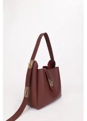 NOTHING Women's Burgundy Gold Lock Detailed Accessory Adjustable Lock Strap Handbag and Shoulder Bag