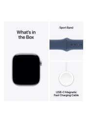 ساعة ابل سيريس 10 جي بي اس 42 ملم هيكل من الألومنيوم الفضي مع حزام رياضي من قماش أزرق - متوسطة / كبيرة