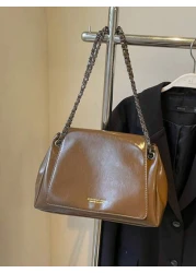 Women s Oiled Wax Leather Tote Bag With Shoulder Chain Large Crossbody Bag