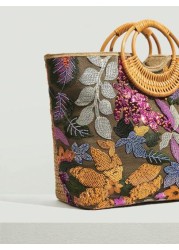 SHEIN VCAY Leaf Flower Pattern Top Handle Bag Sequin Embroidery Detail Woven Bag Perfect For Summer Beach Travel Vacation For Outdoor Holiday Picnic Summer Essentials Perfect For Vacation Holiday Exqu