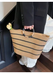 حقيبة كبيرة السعة منسوجة من القش، حقيبة يد عصرية متعددة الاستخدامات للنساء، حقيبة تسوق ذات نمط مخطط، حقيبة يد