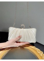 Women Fashionable Shiny Ring Buckle Pleated Satin Box Clutch Bag For Evening Dress Formal Party Prom Wedding Chain Handbag