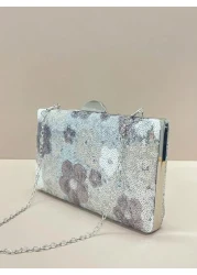 Flower Sequin Crossbody Stylish Silver Purse For Women Elegant Random Floral Embroidered Evening Silver Clutch Bag Prom Accessories Bridesmaid Gifts Fashion Retro Chain Evening Bag Mini Box Bag For Pa