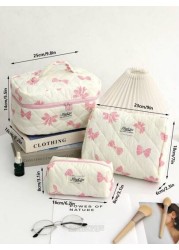 1Piece Bow Travel Toiletry Bag With Handle Quilted Fabric Large Capacity Women Handle Cosmetic Bag Cosmetic Brushes Storage Make Up Organizer Travel Skincare Makeup Pouch For For Bathroom For College