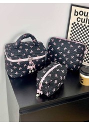 Floral Bow Decor Makeup Bag Fabric Print Zipper Pouch Sweet Style Toiletry Bag Cosmetic Bag For Home Travel Daily Use Women Makeup Organizer Makeup Storage Bag Mini Pouch Travel Small Makeup Case Acce