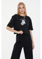  Collection Black Cotton Leisure Printed Piping Detail Knitted Pajamas Set Thmss21Pt0953