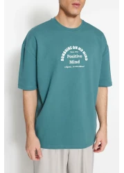  Collection Oversize/Wide Cut Crew Neck Short Sleeve Text Printed Cotton Thick T-Shirt TMNSS23TS00083