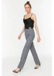  Collection Gray Straight Cut High Waist Ribbed Stitched Woven Trousers TWOSS21PL0093