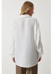 Happiness İstanbul قميص نسائي من القطن الكتاني المطرز باللون الأبيض DM00134