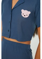  Collection Navy Blue Teddy Bear Ribbed Knitted Pajamas Set Thmss21Pt0168