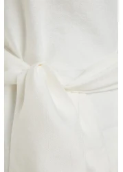  Modest Linen Texture - Zip and Belted White Dress Tctss23Eb00219