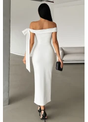  Collection فستان سهرة أنيق محبوك بفيونكة كتف بيضاء اللون فستان التخرج الليلي TPRSS25EL00293