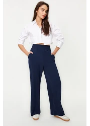  Collection Navy Blue Wide Leg / Wide Ankle Waist Elastic Woven Trousers TWOSS22PL00024