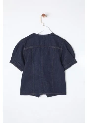  Collection بلوزة من قماش الدنيم بأكمام قصيرة باللون الأزرق الداكن ورقبة على شكل حرف V TWOSS25BZ00000