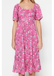  Collection فستان منسوج متوسط الطول بطبعة زهور وأكمام بالون وردي على شكل حرف A TWOSS20EL2323