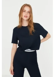  Collection Corduroy Pajama SeT - Navy Blue, Slogan PrinTed T-shirt and Trousers THMSS21PT1016