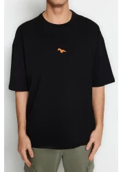  Collection تي شيرت قطني أسود كبير الحجم مع تطريز ديناصور - TMNSS23TS00243