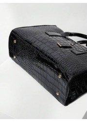 Women s Faux Crocodile Embossed Black Tote Bag Large Capacity Shoulder Bag Handbag Crossbody Bag Simple Crocodile Pattern Tote Bag Faux Leather Shoulder Bag Women s Classic Handbag Business Casual Wom