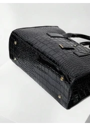 حقيبة أنثوية كبيرة السعة بنمط سحلفية مطبوعة باللون الأسود، حقيبة كتف، حقيبة يد، حقيبة كروس، حقيبة ساتشل بنمط