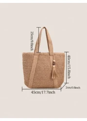 1 Pc Fashionable New Casual Summer Holiday Style Large Capacity Portable Solid Color Grass Woven Zipper Tote Bag With Wooden Bead Tassel Pendant Women s Beach Bag Suitable For Outdoor Leisure Vacation
